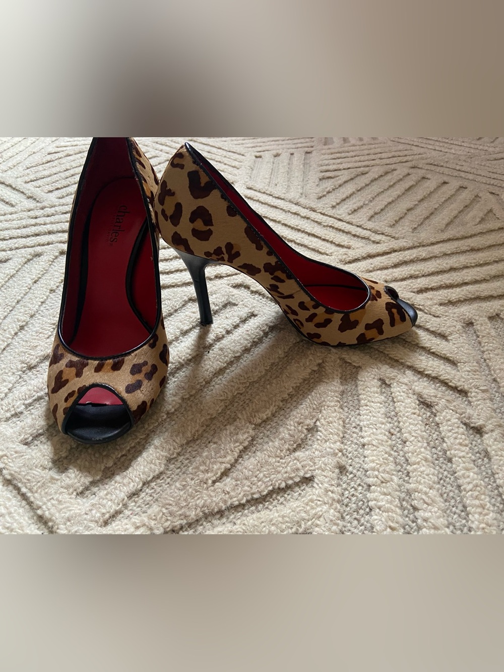 Charles by Charles David Leopard Peep-Toe Pumps in Tan and Black
